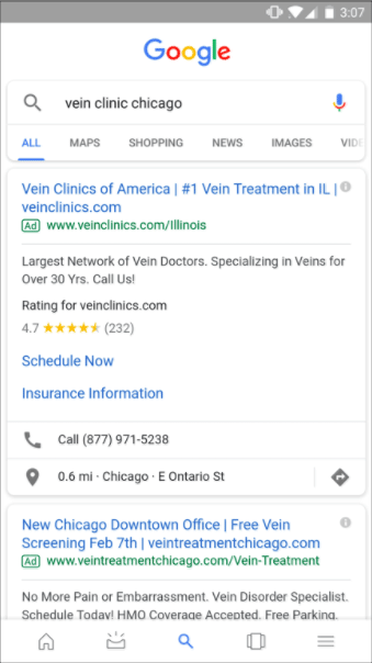Vein Clinic Chicago Google Search Results Page Example