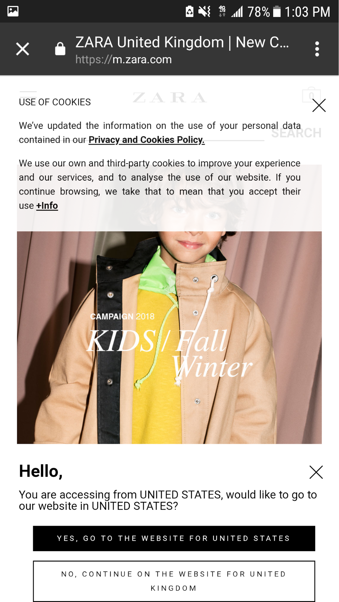 Cookie policy and multiple popups on Zara.com
