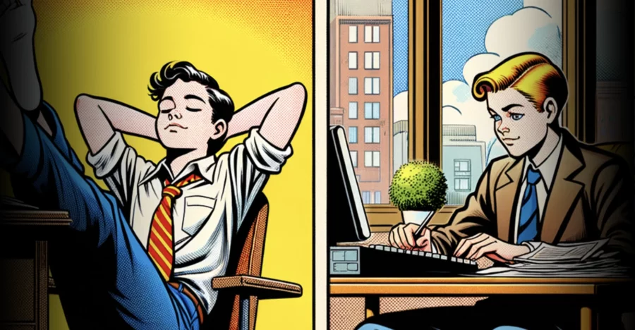 Cartoon illustrations of a man relaxing and a man at work