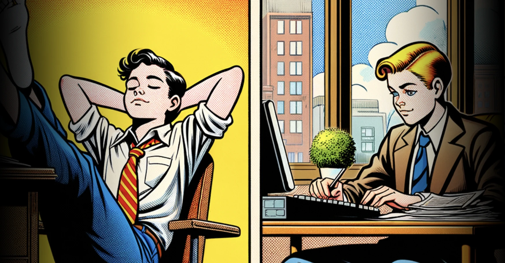 Cartoon illustrations of a man relaxing and a man at work