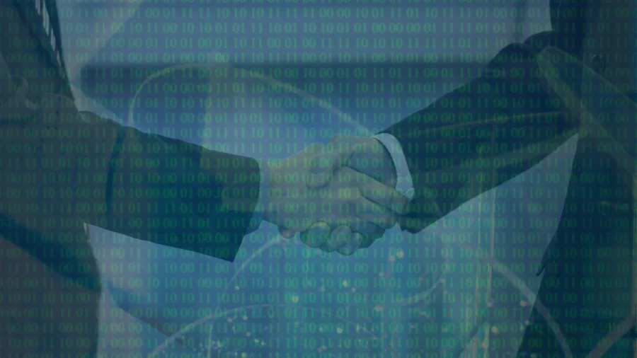 Men shaking hands with a numbers graphic over them