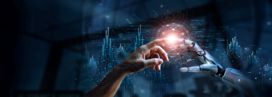 AI, Machine learning, Hands of robot and human touching