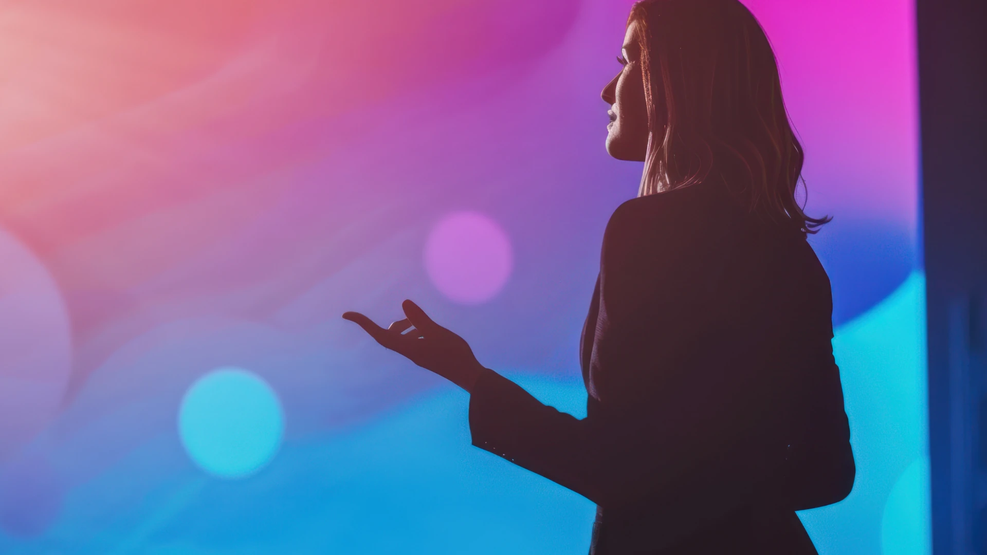 Woman talking with bright colors behind her