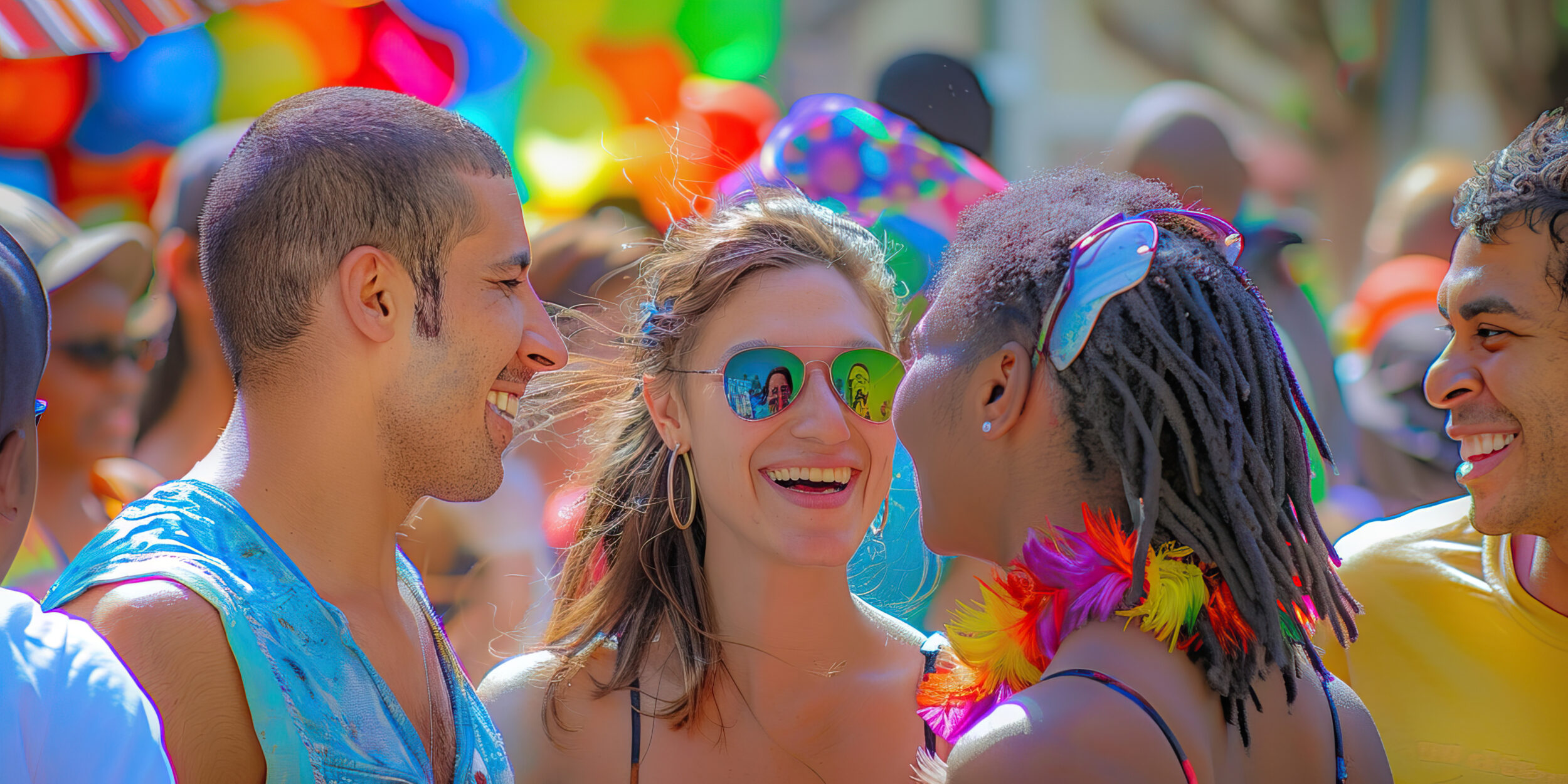The Vibrant Melting Pot: Diverse groups of people share laughter and conversations, surrounded by colorful cultural displays at a street fair.