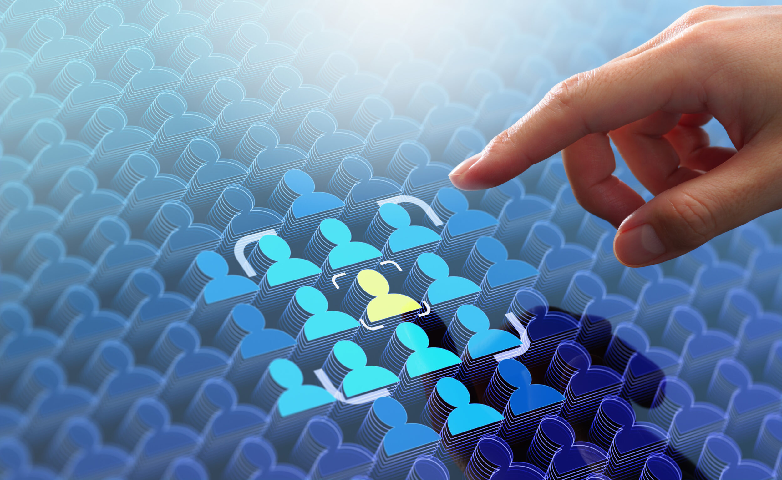 Target market or audience. Marketing segmentation strategy and plan. Marketer touching client icon.