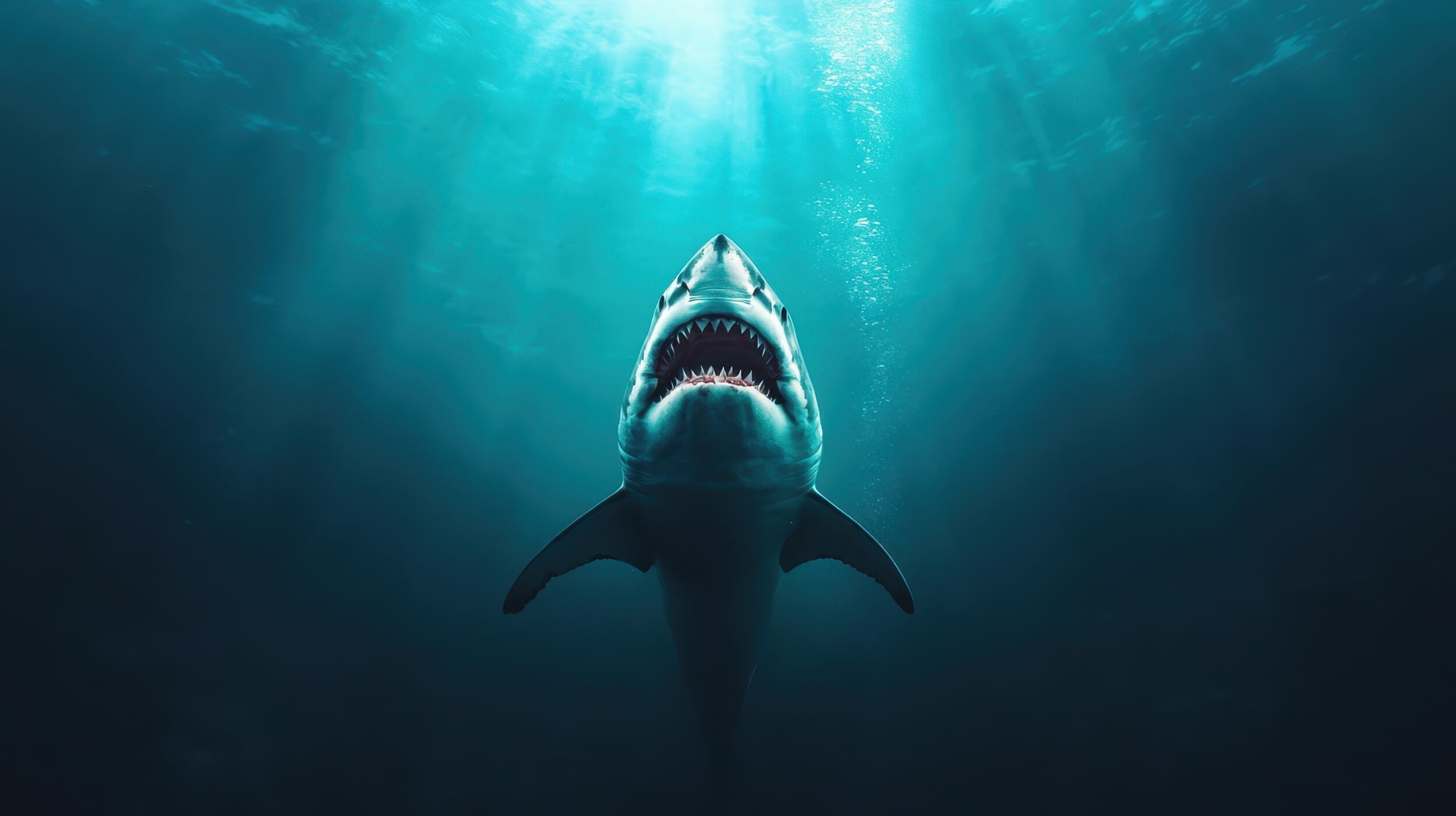 A powerful great white shark rises vertically from the deep ocean, its wide open jaws revealing sharp teeth, embodying wild beauty and primal marine fear.