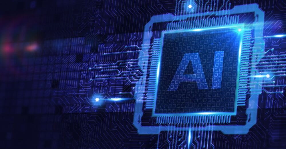 A glowing blue microchip with 'AI' lettering centered on a high-tech digital circuit board background, representing artificial intelligence search optimization and brand visibility