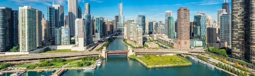 Aerial photo of Chicago skyline taken from lakefront.