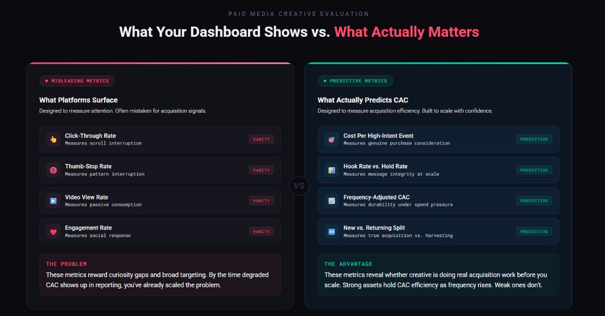 Creative metrics dashboard showing vanity metrics and actual predictive metrics