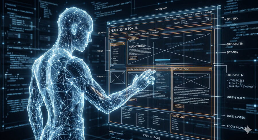 A futuristic image features a wireframe digital person facing a large transparent monitor where a website interface is being prototyped. The background is composed of falling binary code, and the monitor has various section labels, as well as text boxes, images, and other website elements for the layout.