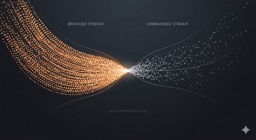 Abstract data art contrasting a dense, warm branded search stream with a sparse, cool unbranded stream meeting at a convergence point.