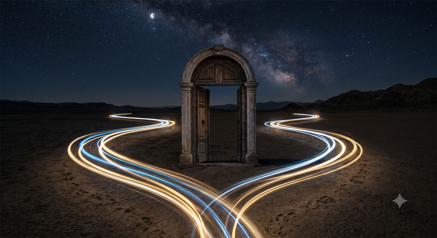 A standalone doorway in a desert at night with glowing light trails curving around and past it, instead of through it.