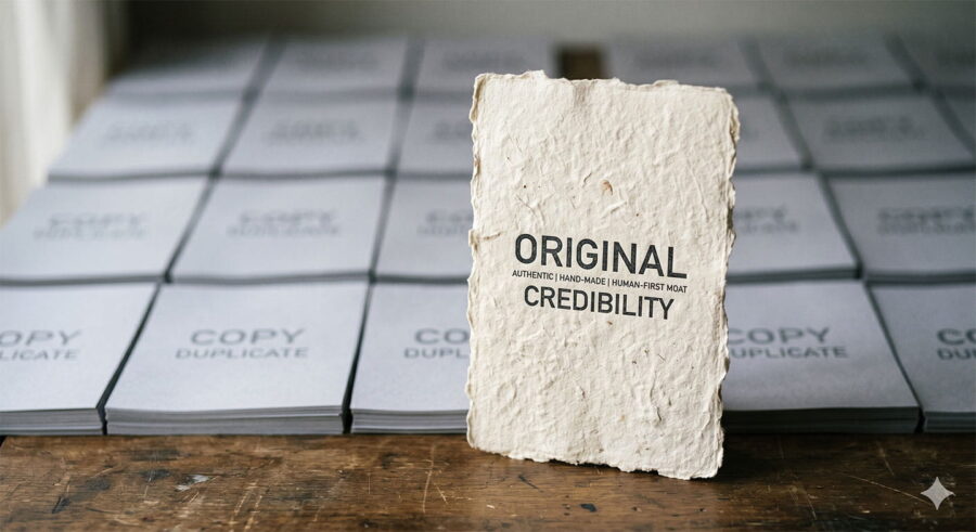 A photograph of a rugged, textured, handmade paper standing in the foreground, centered. Large black text on it reads 'ORIGINAL' with 'CREDIBILITY' below it. Smaller text in between says 'AUTHENTIC | HAND-MADE | HUMAN-FIRST MOAT'. The paper stands on a dark wooden surface. In the soft-focus background are dozens of identical, uniform, grey paper stacks, each printed with the repeating, faded words 'COPY DUPLICATE'.